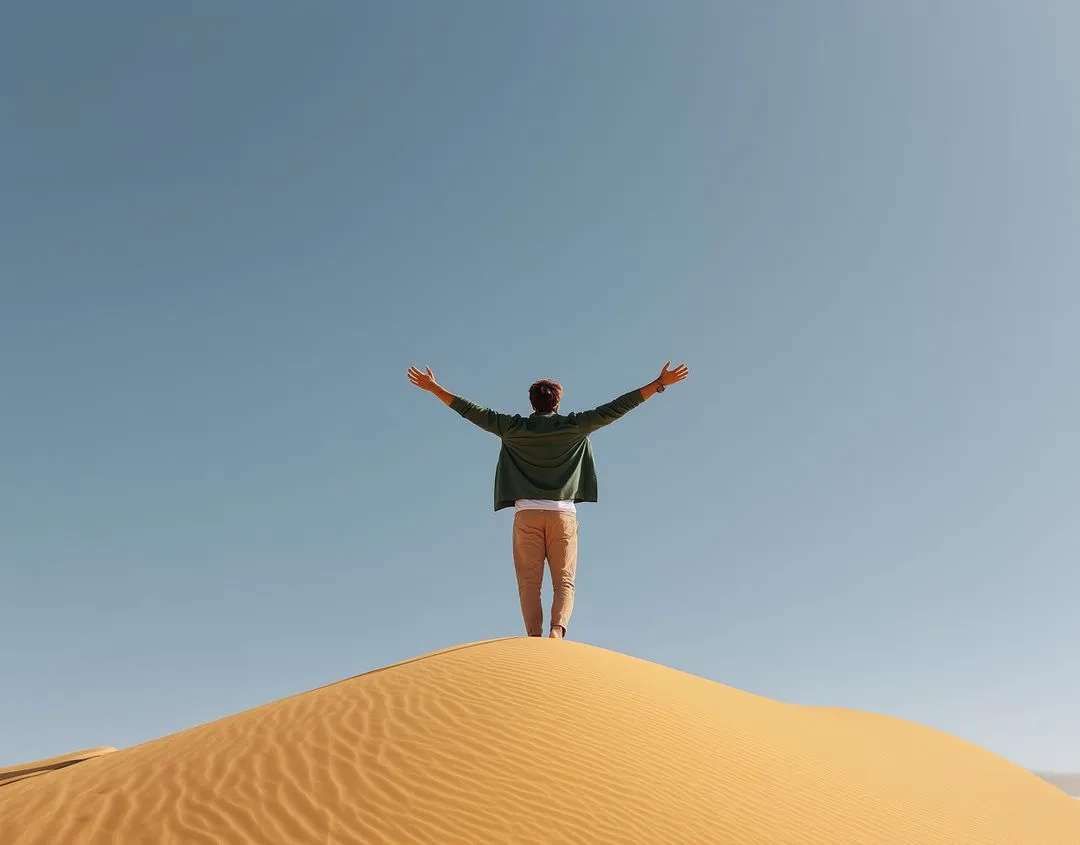 Person standing on a sand dune with arms raised under a clear blue sky.
